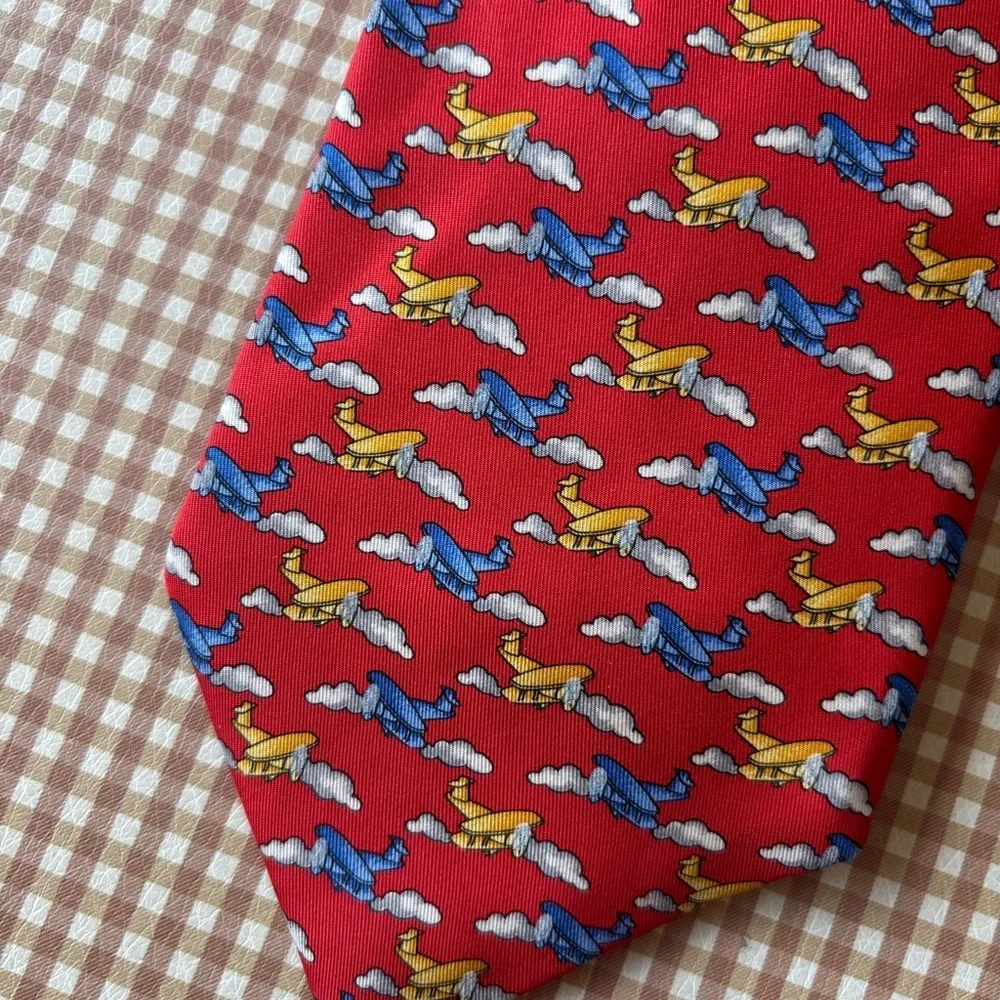 Robert Talbott Silk Print Tie - Airplanes red. Hand‎ sewn Made in USA. Classic